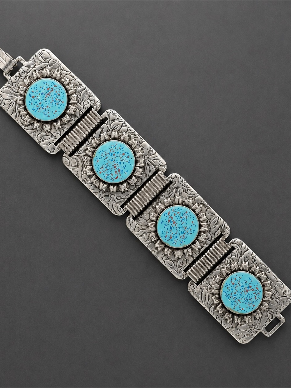 Vintage Enamel Blue Confetti Stone Flower Panel Link Bracelet Wide Silver Bangle